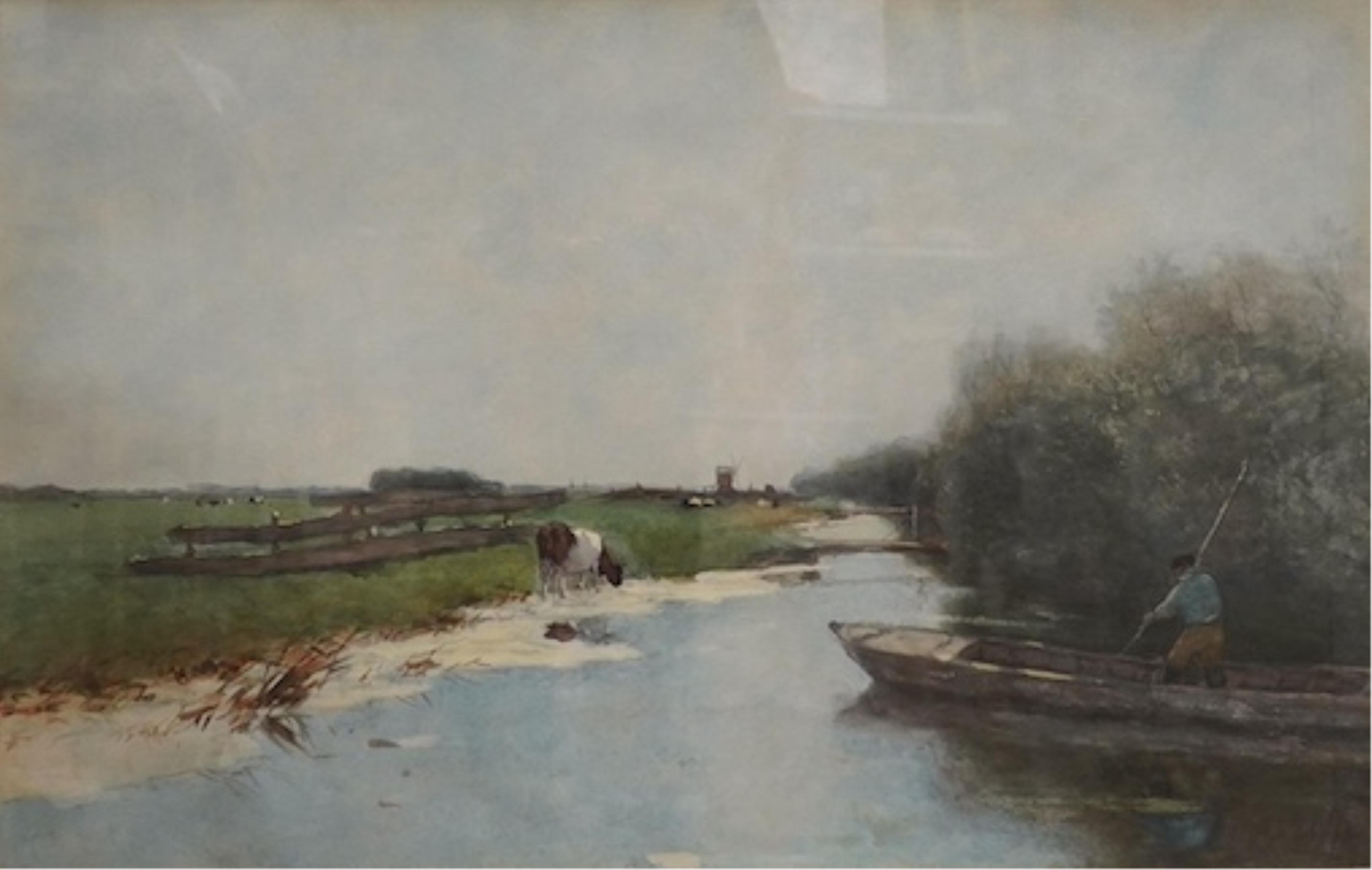 Dutch School, watercolour, Riverscape with boatman, unsigned, 46 x 72cm. Condition - fair